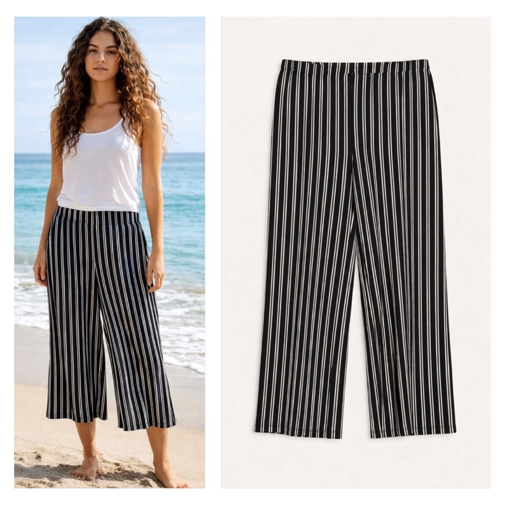 Womens Wide Leg Cropped Pants Size Medium Bohemian Beachy Coastal Striped